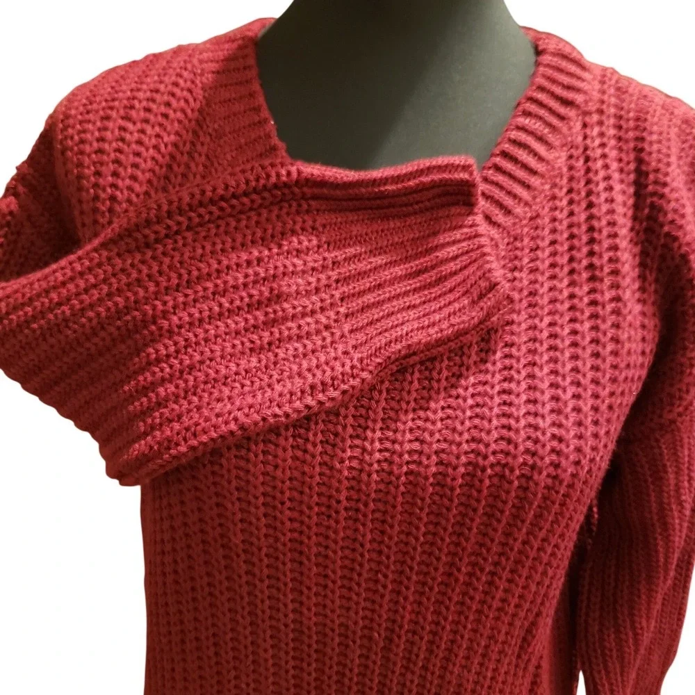 Chunky Knit‎ Sweater Burgundy Long Sleeve Cozy Pullover Warm